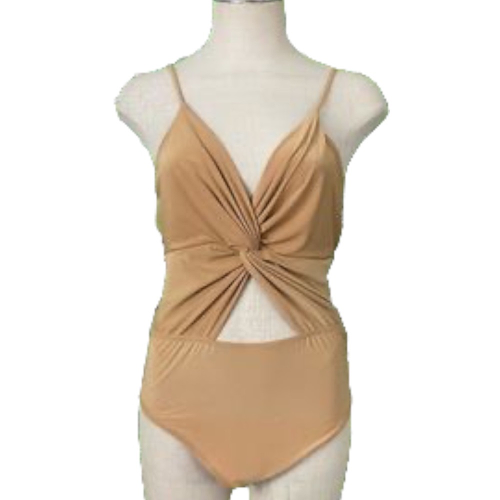 Mocking Jay Tan Twist Front Cut Out Bodysuit